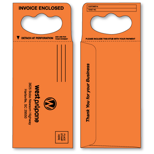 doorknob hanger envelope in bright orange printed in black ink
