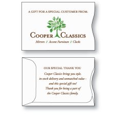 Gift Card Envelope Style A Sleeve custom printed on white paper stock with Cooper Classics logo on the face in brown type and stylized green tree and a 