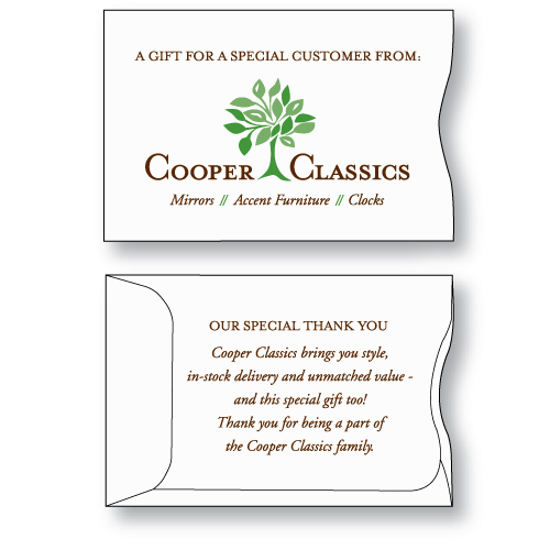 Gift Card Envelope Style A Sleeve custom printed on white paper stock with Cooper Classics logo on the face in brown type and stylized green tree and a "thank you" message printed in brown on the back.