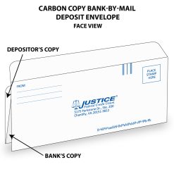 Carbon copy bank-by-mail deposit envelope shown illustrated with face of envelope imprinted with financial institution's return address, IMB barcode, FIM, and place for postage. Also shows the double bangtail forms behind with copy indicating which is for depositor and which is for the financial institution.