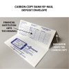 Carbon copy bank-by-mail deposit envelope shown with double bangtail flaps extended imprinted with financial institution's form for depositor.