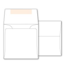 Four-inch square booklet style envelope with A-style seal flap shown here back view with flap extended and flap folded