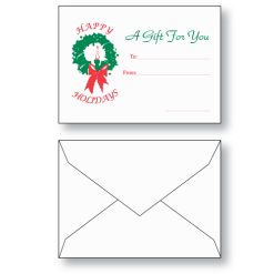Holiday themed gift card envelope Style B, Baronial Style, 2-5/8 inches by 3-5/8 inches, in 24 sub white wove paper, preprinted with "Happy Holidays" and "A Gift for You" along with to, from, amount.