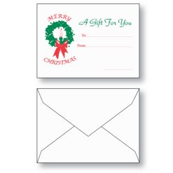 Holiday themed gift card envelope Style B, Baronial Style, 2-5/8 inches by 3-5/8 inches, in 24 sub white wove paper, preprinted with "Merry Christmas" and "A Gift for You" along with to, from, amount.