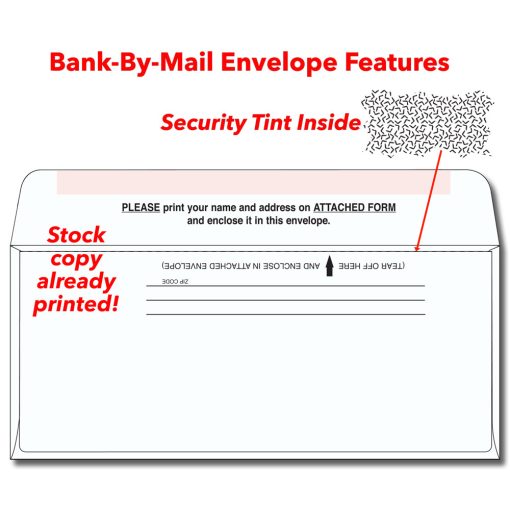 Bank-by-mail envelope with stock printed features