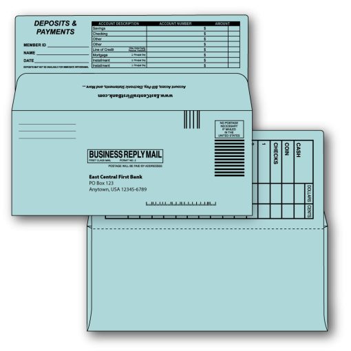 9 bangtail bank-by-mail remittance envelope blue custom printed