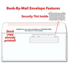 Bank-by-mail envelope with stock printed features