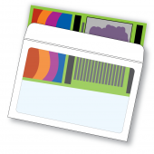 Illustrative rendering of a 6" by 9" booklet envelope with full view window shown with facsimile of a colorful sales brochure in bright green, orange, purple and blue being inserted