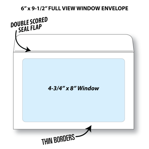 Illustrative rendering of a 6” by 9-1/2” booklet envelope with full view window showing window size at 4-3/4” x 8” and that it has a double scored seal flap and thin borders
