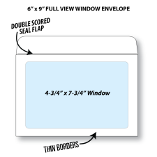 Illustrative rendering of a 6” by 9” booklet envelope with full view window showing window size at 4-3/4” x 7-3/4” and that it has a double scored seal flap and thin borders