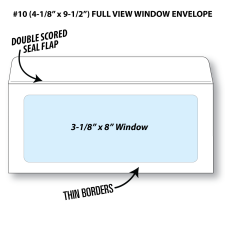 Illustrative rendering of a Number 10 booklet envelope with full view window showing window size at 3-1/8" x 8" and that it has a double scored seal flap and thin borders