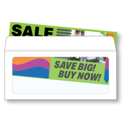 Illustrative rendering of a Number 10 booklet envelope with full view window shown with facsimile of a colorful sales insert in bright green, orange, purple and blue with "sale" and "Save Big! Buy Now!" text