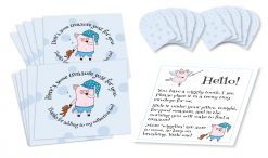 Wiggly the Tooth Fairy Piggy Blue Polka Dotted Envelopes Set of ten 3-1/2” by 3-1/2” square envelopes printed with blue polka dots, and stylized “pig fairy” figure holding stuffed bear with text that circles around it, ten 1-1/2” by 1-1/2” miniature square envelopes with blue polka dots, and a small sheet of paper with “pig fairy” figures and text instructions.