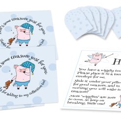 Wiggly the Tooth Fairy Piggy Blue Polka Dotted Envelopes Set of ten 3-1/2” by 3-1/2” square envelopes printed with blue polka dots, and stylized “pig fairy” figure holding stuffed bear with text that circles around it, ten 1-1/2” by 1-1/2” miniature square envelopes with blue polka dots, and a small sheet of paper with “pig fairy” figures and text instructions.