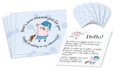 Wiggly the Tooth Fairy Piggy Blue Polka Dotted Envelopes Set of five 3-1/2” by 3-1/2” square envelopes printed with blue polka dots, and stylized “pig fairy” figure holding stuffed bear with text that circles around it, five 1-1/2” by 1-1/2” miniature square envelopes with blue polka dots, and a small sheet of paper with “pig fairy” figures and text instructions.