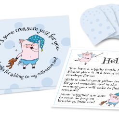 Wiggly the Tooth Fairy Piggy Blue Polka Dotted Envelopes Set of five 3-1/2” by 3-1/2” square envelopes printed with blue polka dots, and stylized “pig fairy” figure holding stuffed bear with text that circles around it, five 1-1/2” by 1-1/2” miniature square envelopes with blue polka dots, and a small sheet of paper with “pig fairy” figures and text instructions.