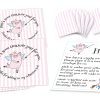 Wiggly the Tooth Fairy Piggy Pink Stripe Envelopes Set of ten 3-1/2” by 3-1/2” square envelopes printed with pink stripes, and stylized “pig fairy” figure holding wand pointing to text that circles around it, ten 1-1/2” by 1-1/2” miniature square envelopes with pink stripes, and a small sheet of paper with “pig fairy” figures and text instructions.