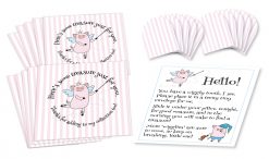 Wiggly the Tooth Fairy Piggy Pink Stripe Envelopes Set of ten 3-1/2” by 3-1/2” square envelopes printed with pink stripes, and stylized “pig fairy” figure holding wand pointing to text that circles around it, ten 1-1/2” by 1-1/2” miniature square envelopes with pink stripes, and a small sheet of paper with “pig fairy” figures and text instructions.