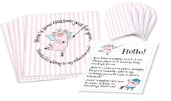 Wiggly the Tooth Fairy Piggy Pink Stripe Envelopes Set of five 3-1/2” by 3-1/2” square envelopes printed with pink stripes, and stylized “pig fairy” figure holding wand pointing to text that circles around it, five 1-1/2” by 1-1/2” miniature square envelopes with pink stripes, and a small sheet of paper with “pig fairy” figures and text instructions.