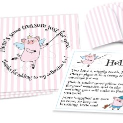 Wiggly the Tooth Fairy Piggy Pink Stripe Envelopes Set of five 3-1/2” by 3-1/2” square envelopes printed with pink stripes, and stylized “pig fairy” figure holding wand pointing to text that circles around it, five 1-1/2” by 1-1/2” miniature square envelopes with pink stripes, and a small sheet of paper with “pig fairy” figures and text instructions.