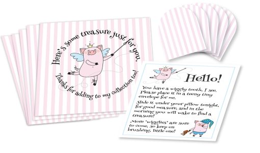 Wiggly the Tooth Fairy Piggy Pink Stripe Envelopes Set of five 3-1/2” by 3-1/2” square envelopes printed with pink stripes, and stylized “pig fairy” figure holding wand pointing to text that circles around it, five 1-1/2” by 1-1/2” miniature square envelopes with pink stripes, and a small sheet of paper with “pig fairy” figures and text instructions.