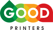 Good Printers logo, with four tear-drop shapes in dark green, light green, orange, and red, and the word "good" imposed in white lettering, and the word "Printers" in black below it.