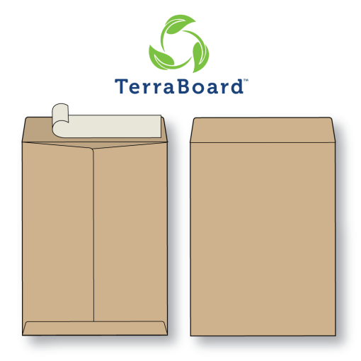 TerraBoard 10 point brown eco-friendly flat envelope shown front and back with peel n seal closure. Image also shows the TerraBoard logo consisting of three bright green stylized leaves in a circular pattern and "TerraBoard" text in dark blue sans serif font.