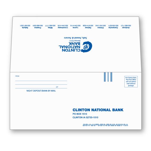 Carbonless NCR bank by mail deposit envelope shown face side with Clinton National Bank's return mail address, intelligent mail barcode, FIM, and "from" name and address lines. Seal flap is shown extended with Clinton National Bank logo and text highlighting their locations.