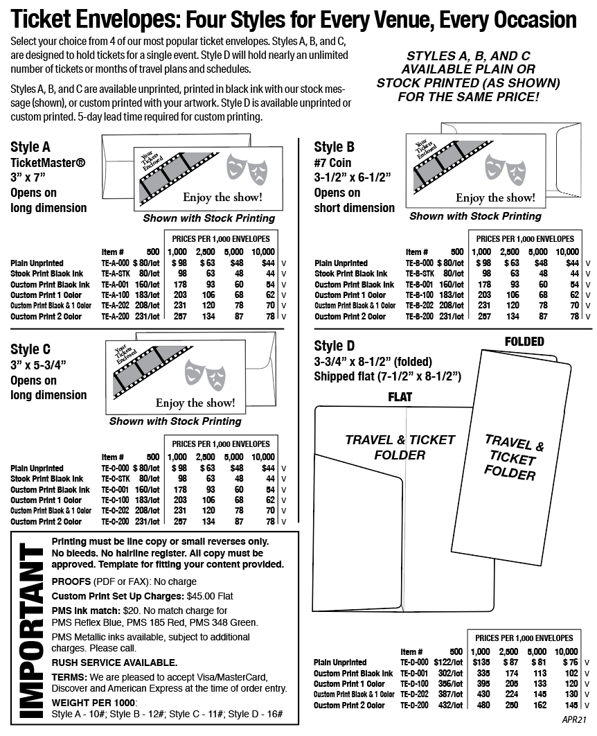 TICKET ENVELOPE Style D (3-3/4