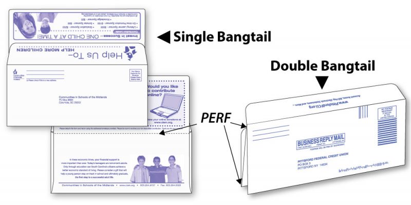 #9 single bangtail and #9 double bangtail envelopes shown custom printed and perforation locations