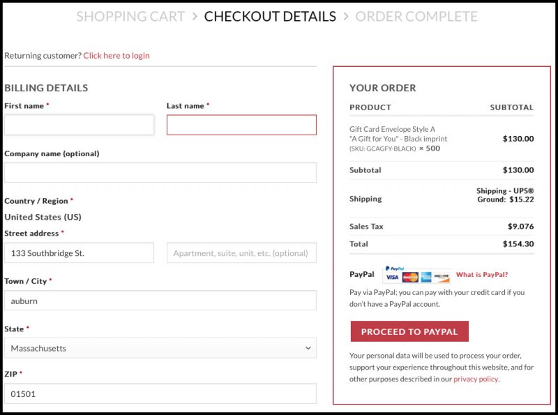shopping cart customer information screen where a customer fills in personal information then clicks on the red "proceed to paypal" button to input method of payment.