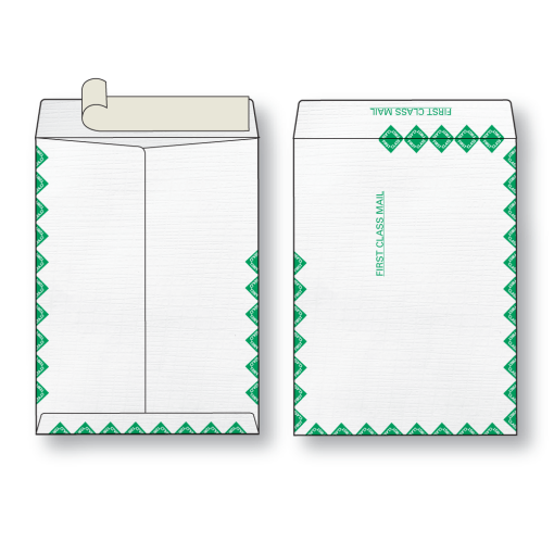 Herculink catalog envelope (open on the short dimension) with peel n seal closure white sub 26 weight with first class green diamond border