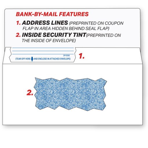 #9 Bangtail Bank-by-mail envelope with a 1-1/8 inch seal flap in white stock shown here with details about the preprinted address lines and inside security tint.