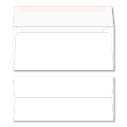 Number 10 side seam booklet envelope with 2" seal flap made from 24# white wove stock shown here back view with flap extended and flap folded