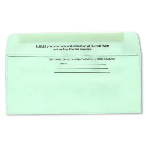 #9 Bangtail Bank-by-mail envelope in green stock shown here with details about the preprinted address lines.