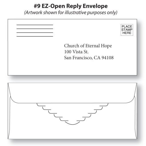 #9 EZ-OPEN reply envelope shown front and back with sample return address artwork on front and gator teeth feature on the back