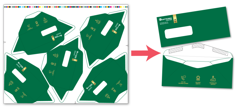 Quick Turn #10 Litho Conversion header image showcasing a printer's imposed layout sheet ready to be converted to envelopes, with the finished envelopes shown to the right.