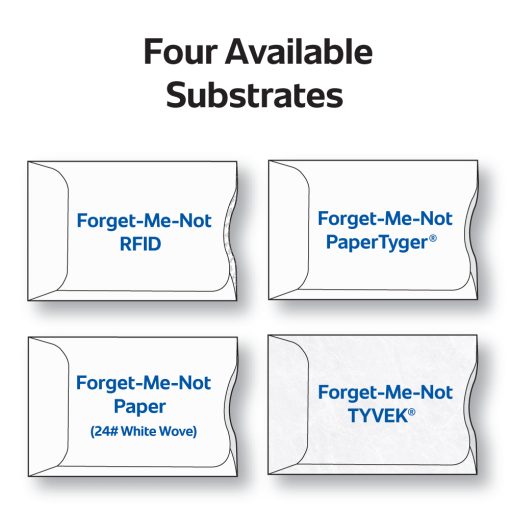 Forget-Me-Not sleeves are available in four substrates: PaperTyger RFID, PaperTyger Laminate, Tyvek, and 24 sub white wove paper