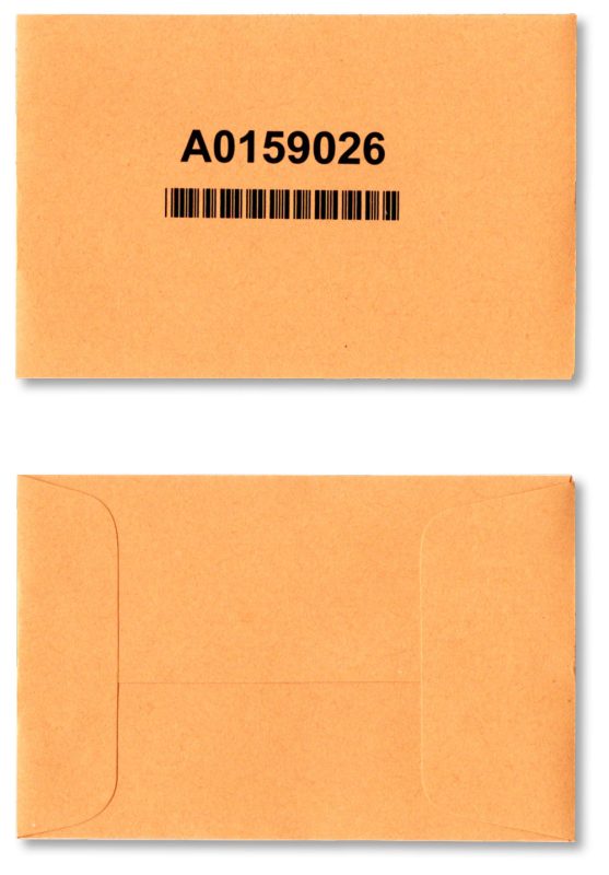 Consecutively numbered and barcoded #1 coin brown kraft envelope shown here printed on the face with a consecutive number and corresponding barcode in black ink.