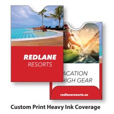 Hotel Key Card Holder Sleeve, shown here custom printed heavy ink coverage in four color process