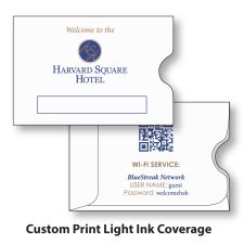 Hotel Key Card Holder Sleeve, shown here custom printed light ink coverage in two Pantone colors