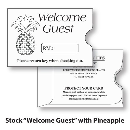 Hotel Key Card Holder Sleeve, shown here stock printed with Welcome Guest and Pineapple on the face and Guest Safety Tips on the back