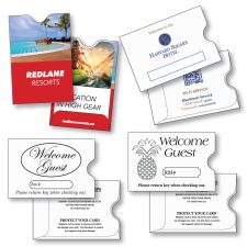 Hotel Key Card Holder Sleeves montage showing stock printed options as well as custom printed light ink coverage and custom printed heavy ink coverage examples