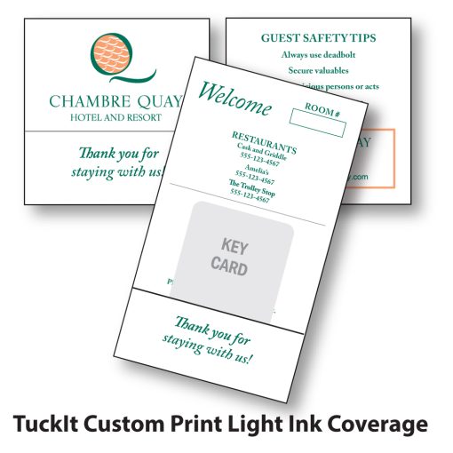 TuckIt™ Hotel Key Card Holder, shown here custom printed with light ink coverage in two colors
