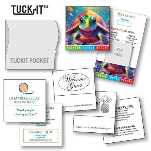 TuckIt™ Hotel Key Card Holder montage showing stock printed options as well as custom printed light ink coverage and custom printed heavy ink coverage examples