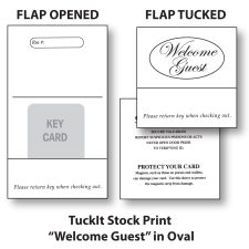 TuckIt™ Hotel Key Card Holder, shown here stock printed with Welcome Guest in oval printed on the front, Guest Safety Tips on the back and space for room number on the inside.