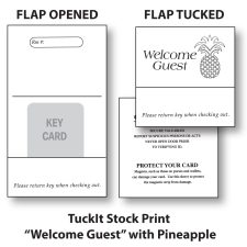 TuckIt™ Hotel Key Card Holder, shown here stock printed with Welcome Guest and Pineapple printed on the front, Guest Safety Tips on the back and space for room number on the inside.