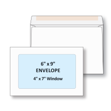 Full view window envelope shown face and back with seal flap extending revealing seal type. This envelope represents 6 by 9 full view window envelope. Full view window size is 4 by 7. Seal flap type is regular seal gum.