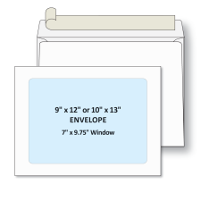 Full view window envelope shown face and back with seal flap extending revealing seal type. This envelope represents 9 by 12 or 10 by 13 full view window envelope. Full view window size is 7 by 9.75. Seal flap type is peel and seal adhesive strip.