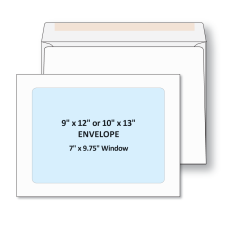 Full view window envelope shown face and back with seal flap extending revealing seal type. This envelope represents 9 by 12 or 10 by 13 full view window envelope. Full view window size is 7 by 9.75. Seal flap type is regular seal gum.